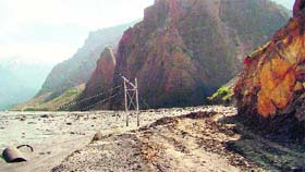 A view of the flood-ravaged Mud-Sagnam road in the Pin valley, Spiti