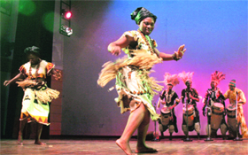Artistes of Zambia Cultural Dance Troupe perform at the Police Auditorium in Jammu on Wednesday.