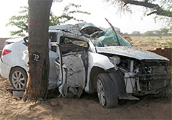 The mangled heap of the ill-fated car that met with an accident near Shehnewala village on Dabwali road in Bathinda on Thursday