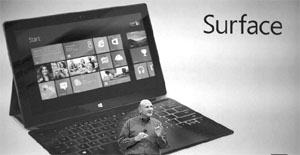 Microsoft CEO Steve Ballmer unveiling Surface, a new tablet computer, which is pitted against Apple's iPad