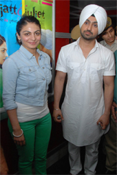 Actress Neeru Bajwa and co-actor Diljit Dosanjh at a city mall where they arrived to promote their forthcoming film, Jatt and Juliet, in Bathinda on Friday. 