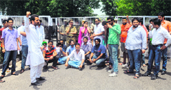 SOPU party workers protest in front of the VC office at Panjab University in Chandigarh on Friday. Tribune photo: S. Chandan