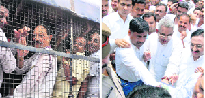 Former Chief Minister BC Khanduri being taken away in a police van in Dehradun on Friday; and (right) BJP leaders, including Ramesh Pokhriyal Nishank, being arrested 
