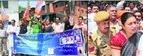 BJP activists hold a protest against price hike in Srinagar on Friday; and (right) party workers and national president of the BJP Mahila Morcha Smriti Irani court arrest in Jammu.