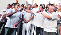 Congress councillors come out of the Police Commissioners office after meeing the DCP Ashish Chaudhary in Ludhiana on Friday
