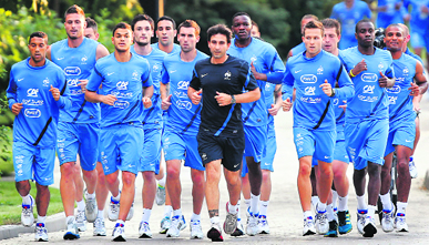 French players attend a training session at the team's training centre in Kircha near Donetsk ahead of their quarterfinal match against defending champions Spain.