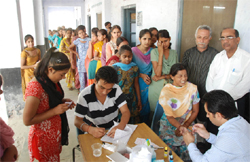 The blood group detection camp in progress in Bathinda on Saturday. Tribune Photo: Pawan Sharma