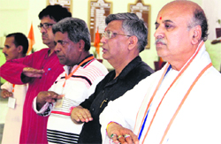 Praveen Togadia (extreme right), Vishwa Hindu Parishad International general secretary, during the concluding day of a camp in Dehradun on Saturday. Tribune photo: Vinod Pundir 