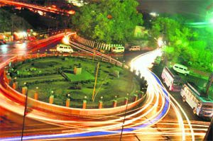 A night view of Indira Chowk after drizzling in Jammu on Friday. 
