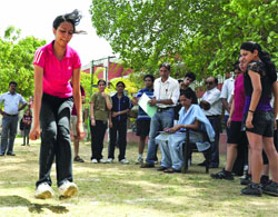 A girl performs during the trials for admission to Hansraj College through the sports quota. 