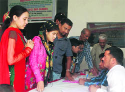 A medical camp in progress at at Urban Health Centre, Ward No 53, Trikuta Nagar, in Jammu on Sunday. 