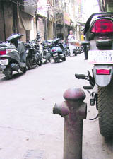 A fire-fighting device lying unused at Sarafa Bazaar.