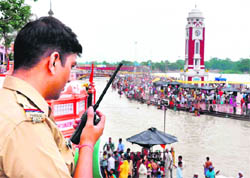In view of terror threat, the security has been beefed up at Brahamkund, Har-ki-Pauri, and other sensitive areas in Haridwar.