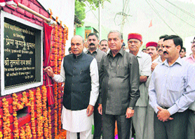 Chief Minister PK Dhumal lays the foundation stone of Government Degree College at Bharmour on Monday.