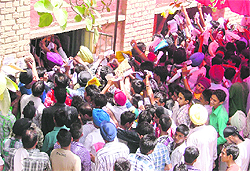 Student jostle to submit their compartment forms at the regional centre of the PSEB in Ludhiana on Monday. 