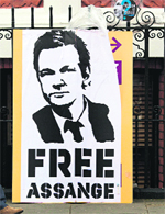 A poster calling for the freedom of Julian Assange outside the Ecuadorian embassy in London.