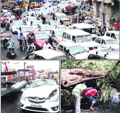 (Clockwise) The uprooting of trees and electricity poles following a rainstorm led to a traffic jam on Chakrata Road in Dehradun on Tuesday; people try to cross a blocked road and a car got damaged after a tin roof fell on it at the Clock Tower. 
