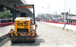 A view of stalled work at Elevated road following unavailability of premix in the market after Hot Mix Plant Association went on state wide strike