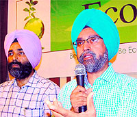 EcoSikh president Dr Rajwant Singh (right) addresses mediapersons in Amritsar on Wednesday