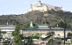 The shrine of Makhdum Sahib which is half way up the Hari Parbat in Rainawari, Srinagar. 