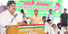 INLD leader Ajay Singh Chautala addresses a meeting at Bhuna in Fatehabad.
