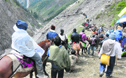 A trail of Amarnath pilgrims en route to the holy cave. Tribune Photo: Anand Sharma