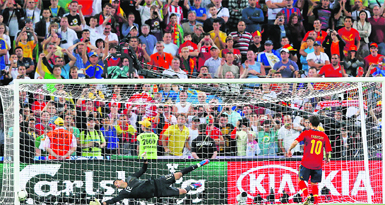 The ball hits the post before rolling in off a Cesc Fabregas spot-kick which proved fortunate for Spain in the penalty shootout against Portugal at Donbass Arena in Donetsk on Wednesday. Spain won 4-2 on penalties.  Reuters