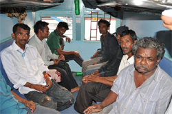 Fishermen released by Pakistan on board the Jammu-Ahmedabad Express that had a brief halt at the Bathinda railway station on Friday. Photo: Bhupinder Dhillon