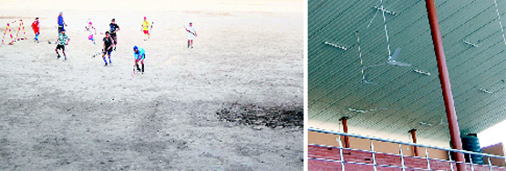 Children practice in a hockey field without grass at Guru Nanak Dev Stadium in Amritsar (left) and tubelights in the VIP enclosure at Guru Nanak Dev Stadium need repairs. Photos: Sameer Sehgal & Vishal Kumar