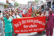 Mid-day meal and ASHA workers stage a rally in Bathinda on Saturday. 
