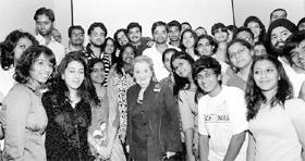 Madeleine Albright, former US Secretary of State, poses for a photo with students at The Young India Fellowship Programme in New Delhi.