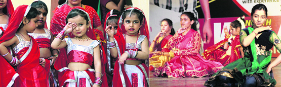 A cute girl feels a bit nervous before a group dance. Girls perform during a show held at Red Cross Bhawan in Jalandhar on Saturday.