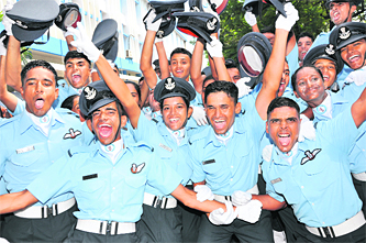 Newly commissioned flying officers celebrate successful culmination of their training at the Air Force Academy, Dundigal, Hyderabad, on Saturday.