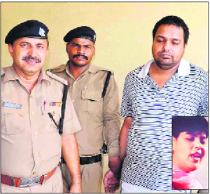 Sandeep Kumar, accused in the Binu Chaudhari (inset) murder case, in police custody in Haridwar on Sunday.