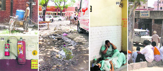 (1) Outsiders take water from hospital premises for their usage. (2) Stagnant water outside the labour ward. (3) A patient lies on the floor while waiting for her turn for X-ray. (4) People sit on ground in front of the mortuary as it lacks sitting arrangement. (5) Non-functional telephone numbers of transferred fire officials printed on a wall of the hospital.