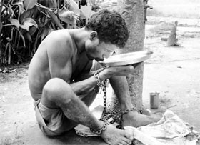 Villagers have chained a 32-year-old mentally challenged man named Krishna Tudu to a tree for eight days claiming that he was growing violent at Balurghat in West Bengal.