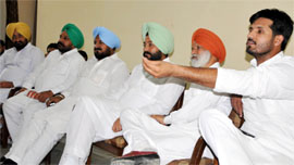 The six Congress MLAs from the Malwa region addressing mediapersons in Bathinda on Monday.