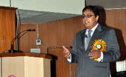 Rahul Mishra, VP (Marketing), Data64 Techno Solutions Private Limited, addresses students at the Baba Farid Group of Institutions in Bathinda on Monday.