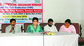 Sonepat SDM Jag Niwas (left) at the workshop on Youth for Polio Eradication organised by the Nehru Yuva Kendra in Sonepat.