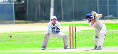 A player hits a shot during a match of the Punjab State Inter-District Cricket Tournament (U-22) on the PAU campus on Monday. 