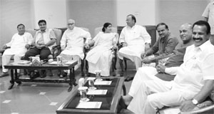 BJP leaders with NDAs presidential candidate PA Sangma (extreme left) at a meeting in New Delhi on Monday.