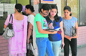 Students seek information on admission at the MCM DAV College, Sector 36, in Chandigarh. 