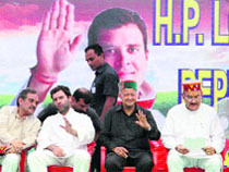 AICC general secretary Rahul Gandhi with Birender Singh, Virbhadra Singh and Kaul Singh Thakur at the Dhalpur Maidan in Kullu on Tuesday.