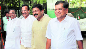 (From left) Karnataka Energy Minister KS Eshwarappa, state CM Sadananda Gowda, party general secretary Dharmendra Pradhan and state Rural Development Minister Jagadish Shettar in New Delhi on Tuesday.