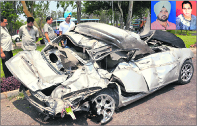 The badly damaged Verna car of the couple (inset) who died in an accident after hitting a bus on the Kharar-Kurali road on Tuesday night.