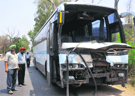 The bus damaged in the accident.