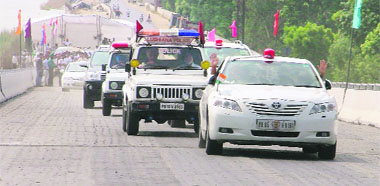 A convoy of vehicles on the Gill canal flyover in Ludhiana on Wednesday.