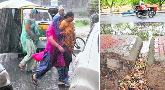 Patients and attendants run for shelter following rain at the PGI (left); and the view of a street water-logged due to a blocked drain at Sector 10 in Chandigarh on Thursday