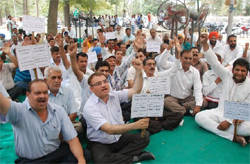 Members of the Jammu and Kashmir Bachao Manch stage protest in Bathinda on Friday.