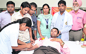 The St Soldier Group of Institutions in collaboration with JCI and PIMS holds a blood donation camp in Jalandhar on Friday. 